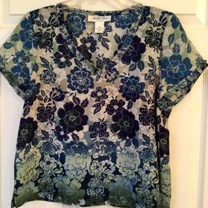 Light and dark blue floral silk like top